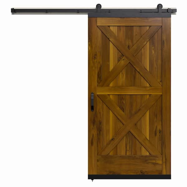 JELD-WEN 36 in. x 80 in. Karona Crossbuck Khaki Stained Rustic Walnut Wood Sliding Barn Door with Hardware Kit