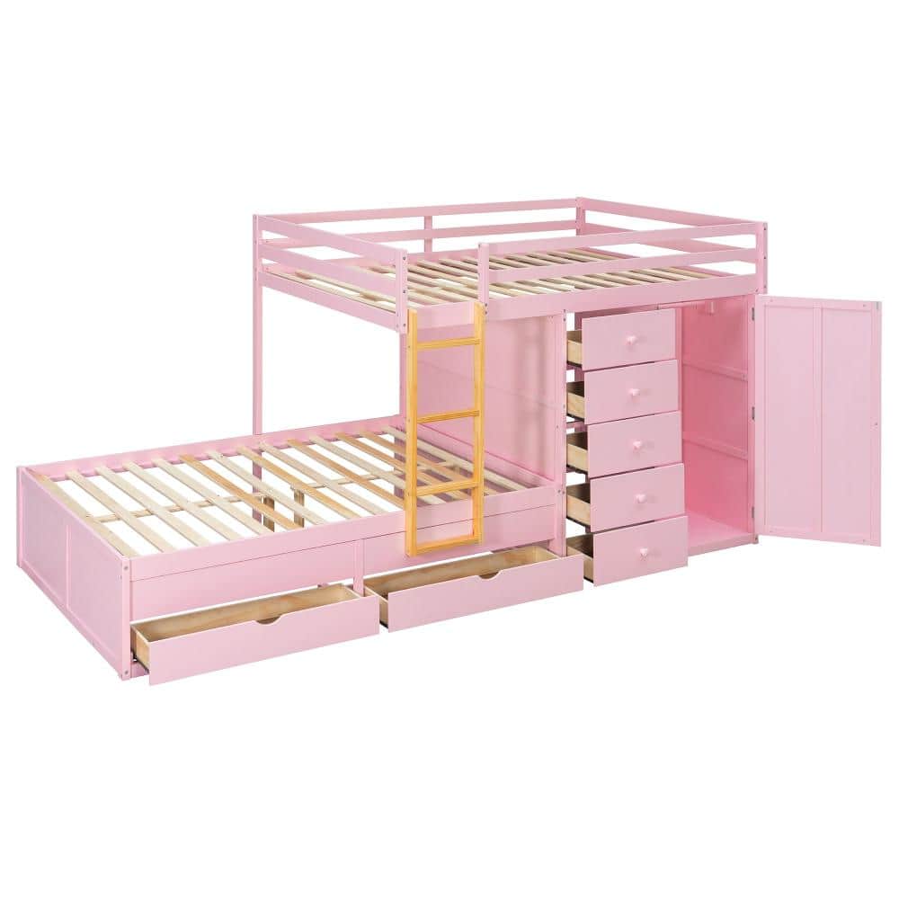 Sakura Pink Full Size Bunk Bed with 2 Large Drawers, 5 Small Drawers & Mini Wardrobe, MDF and Solid Wood Construction price history on PriceWatchPro