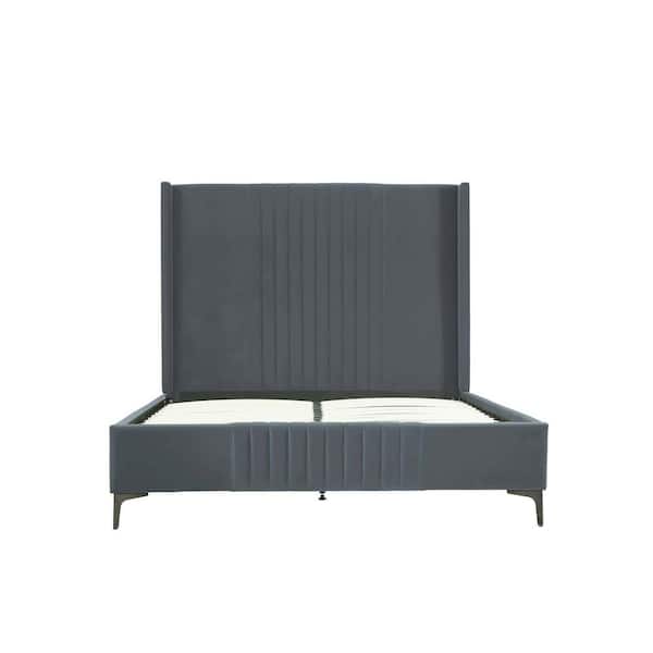 Manhattan Comfort Promenade Gray Mid-Century Modern Velvet Upholstered Wood Frame Queen-Size Platform Bed