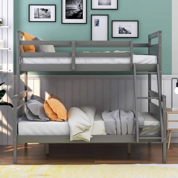 Gray Twin Over Full Bunk Bed with Ladder and Safety Guardrail, Detachable Wood 2 Kids Bunk Bed Frame