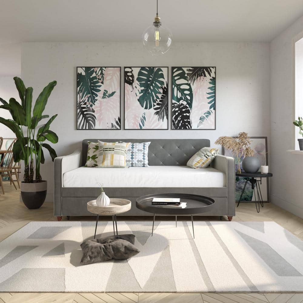 Twin Gray Velvet Upholstered Daybed with Tufted Backrest