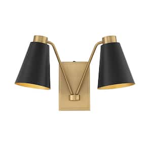 17.5 in. W x 10.5 in. H 2-Light Matte Black with Natural Brass Wall Sconce with Matte Black Metal Shades