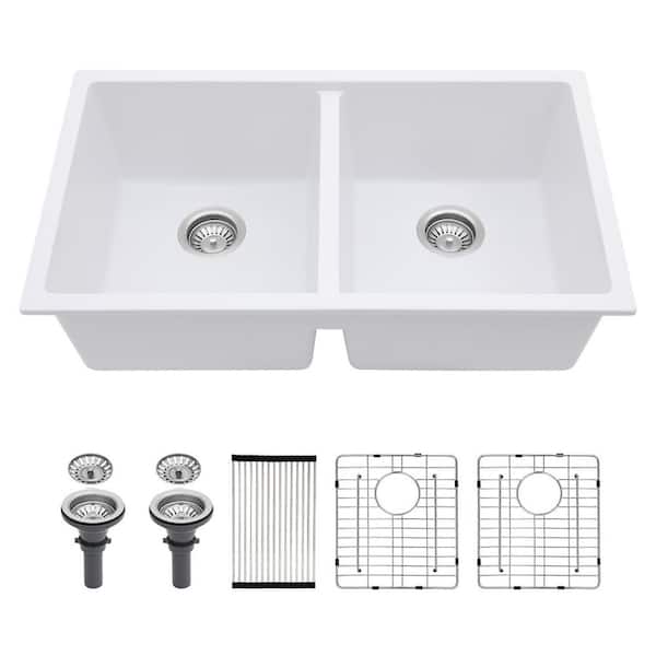 Logmey 33 in. Undermount White Quartz Composite Double Bowl Kitchen Sink with Bottom Grids and Strainer