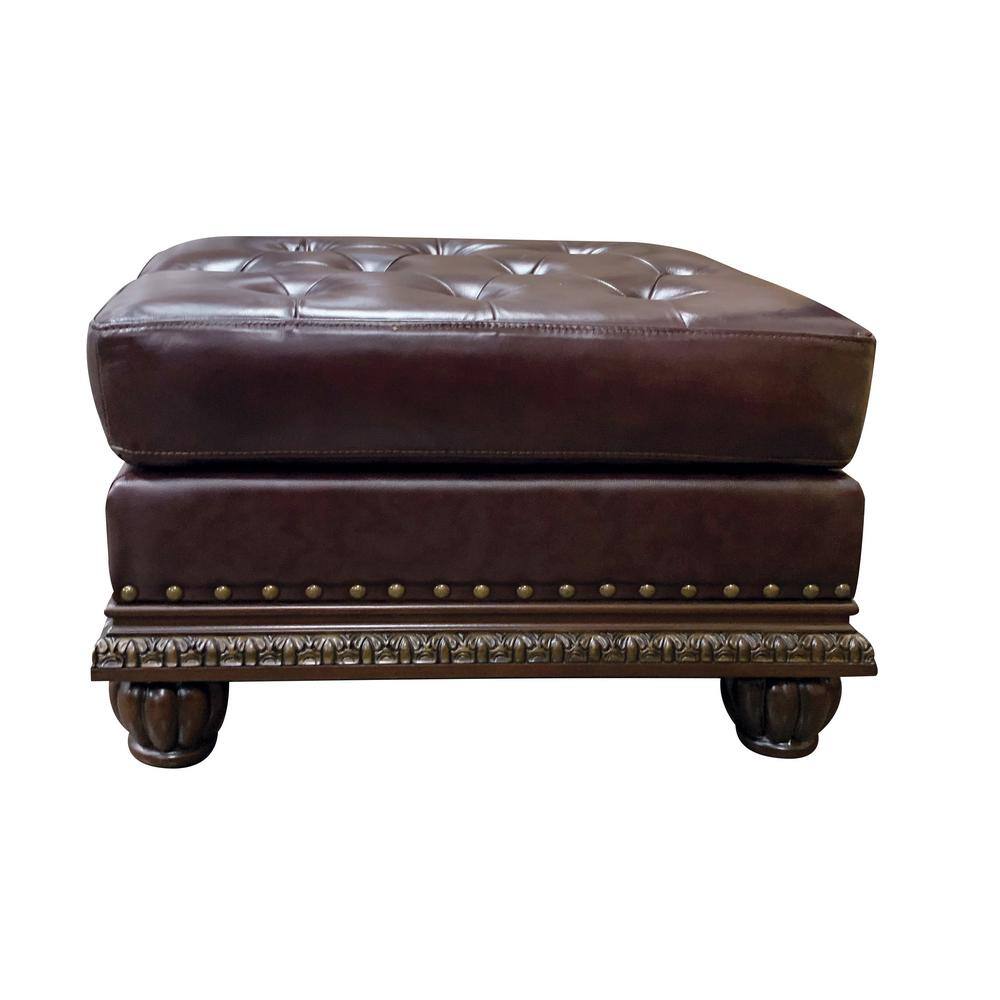 Espresso Brown Faux Leather Tufted Ottoman with Nailhead Trim