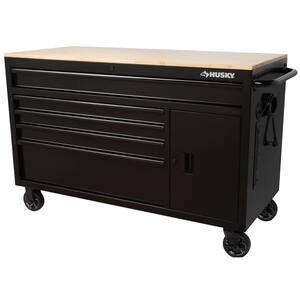 56 in. W 5-Drawer 1-Door, Deep Tool Chest Mobile Workbench in Gloss Black with Hardwood Top