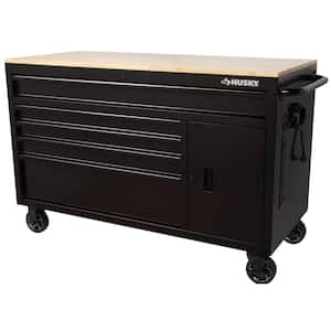 56 in. W x 24.5 in. D Deep 5-Drawer 1-Door Gloss Black Deep Tool Chest Mobile Workbench with Hardwood Top