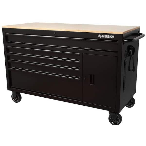 Husky 56 in. W x 24.5 in. D Deep 5-Drawer 1-Door Gloss Black Deep Tool ...