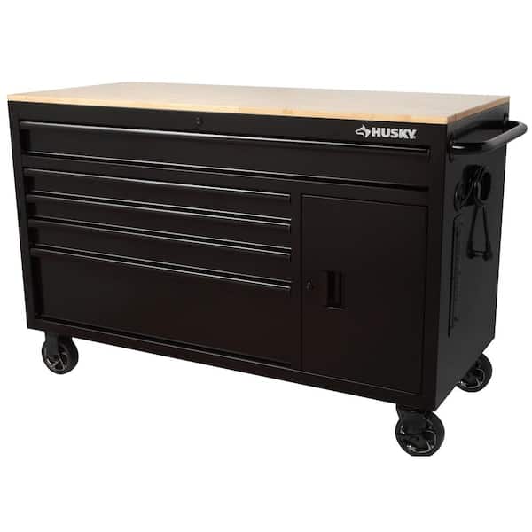 Husky 56 in. W x 25 in. D Standard Duty  5-Drawer 1-Door Mobile Workbench Tool Chest with Solid Wood Top in Gloss Black