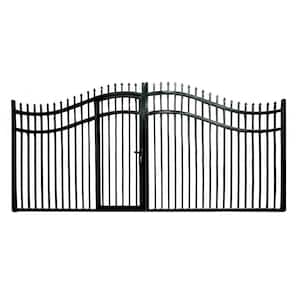 Vienna Style 14 ft. x 7 ft. with Pedestrian Gate Black Steel Swing Dual Driveway Fence Gate