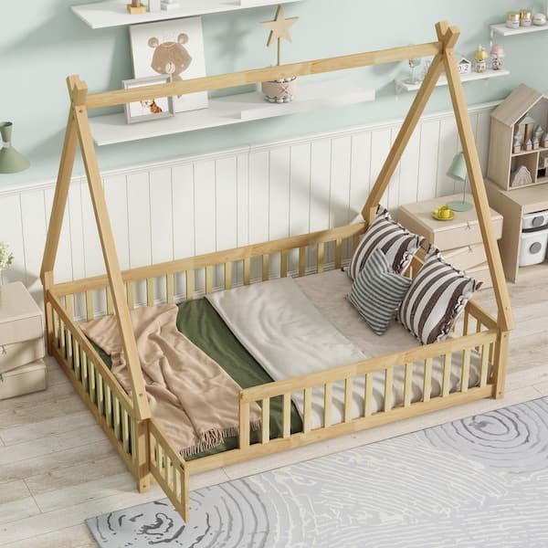 Harper & Bright Designs Tent Style Natural Wood Frame Full Size Platform Bed, Teepee Bed with Fence Bedrails, Doors