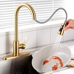 Pause Mode Single Handle Pull Down Sprayer Kitchen Faucet with Deck Plate Included in Brushed Gold