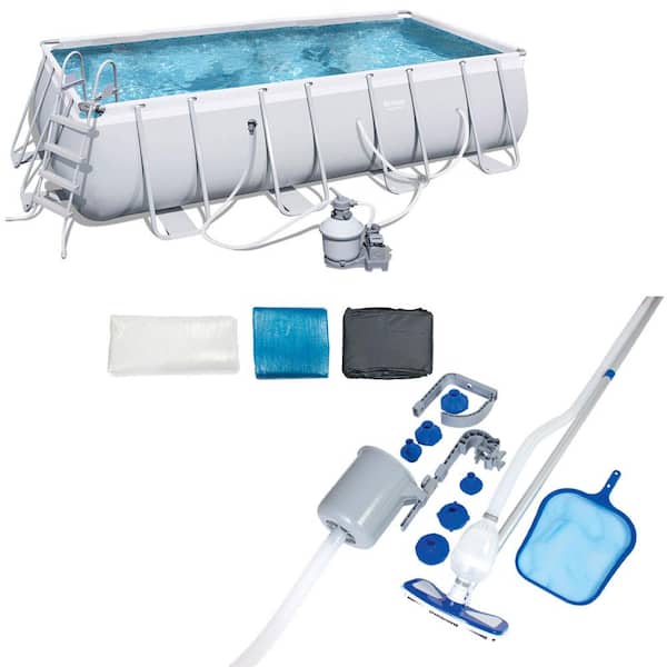 Bestway 18 Ft X 9 Rectangular Frame Above Ground Pool Set Plus Cleaning Kit 56468e Bw 58237e The Home Depot Bestway 18 Ft X 9, Above Ground Pools Rectangle 9 X 18