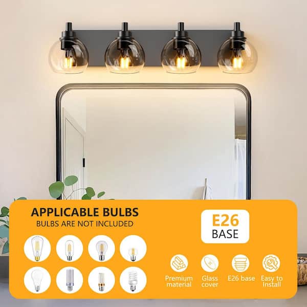 27 in. 4-Light Modern Matte Black Wall Sconce With Clear Glass Shade For Bathroom, Entryway