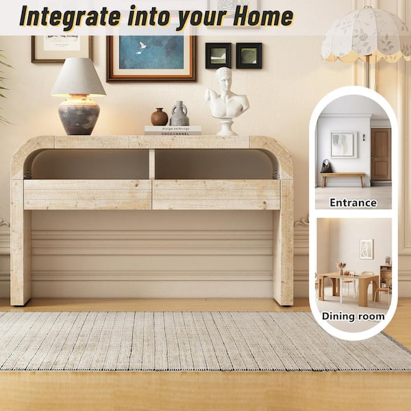 52 in. Natural Wood Console Table with Shelves & Drawers