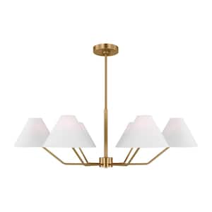 Burke 6-Light Satin Brass Large Chandelier with White Linen Fabric Shades