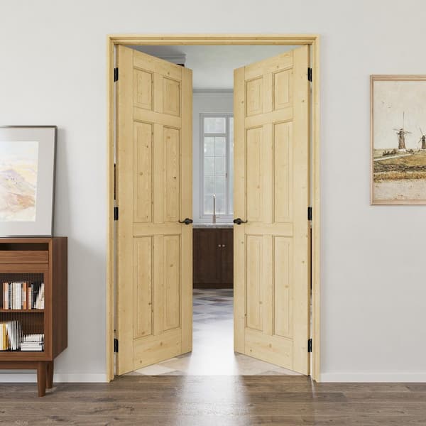 48 in. x 80 in. 6-Panel Universal Solid Core Unfinished Pine Wood Double Prehung Interior Door with Quick Assemble Jamb