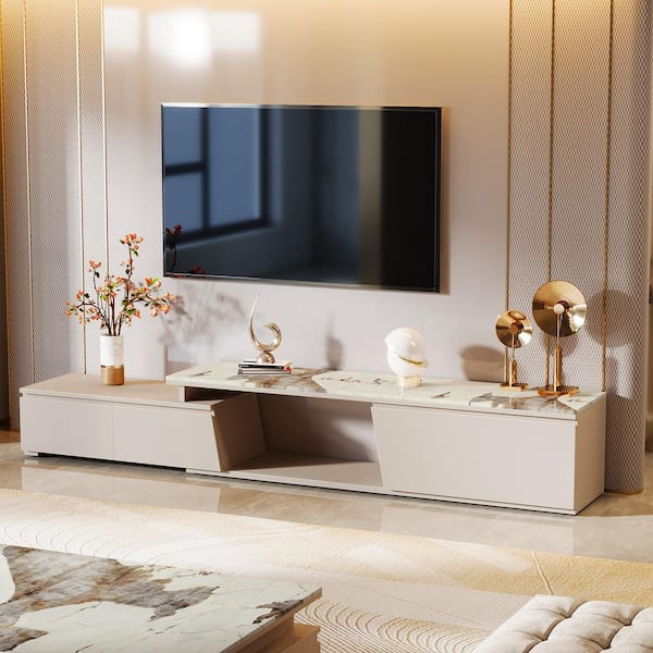 BYBLIGHT Ezlynn Wood TV Stand Entertainment Center Fits TV's up to 100 in. Beige with 3-Drawers Storage and Faux Marble