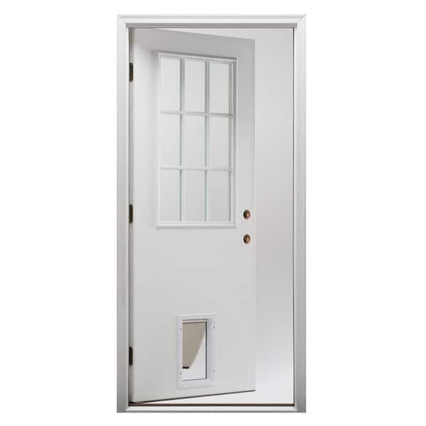 30 in. x 80 in. Classic Left-Hand Inswing 1/2-Lite Clear Primed Fiberglass Smooth Prehung Front Door with Pet Door