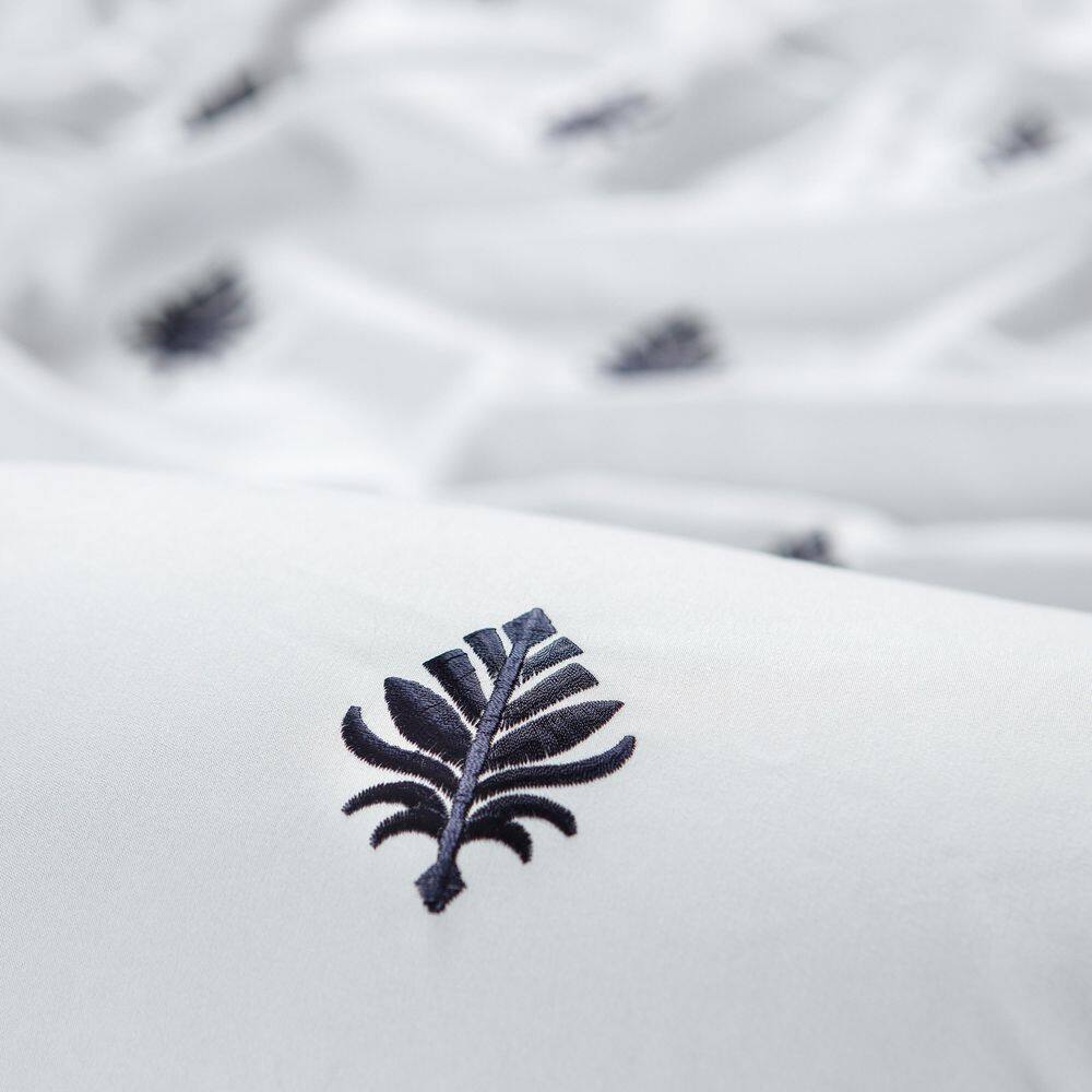 Navy and White Embroidered Microfiber Queen Duvet Cover Set
