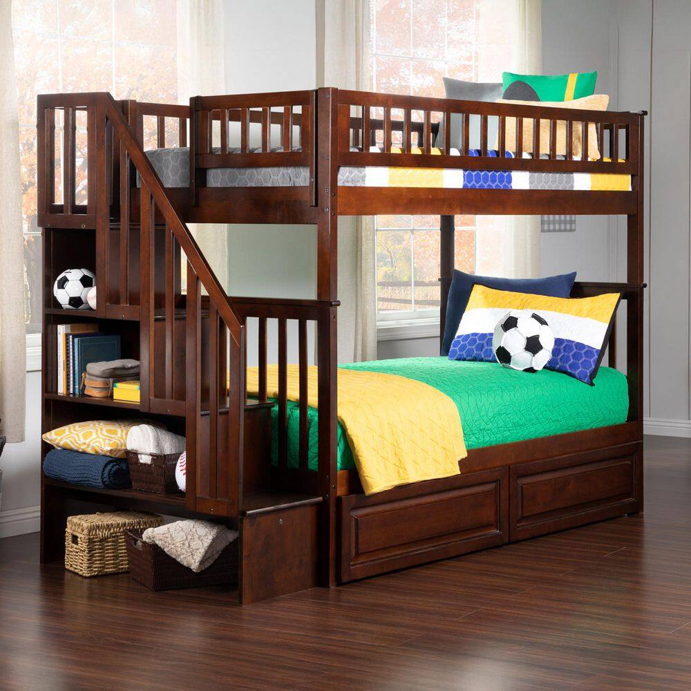 Walnut Twin Over Twin Bunk Bed with Staircase and Storage Drawers
