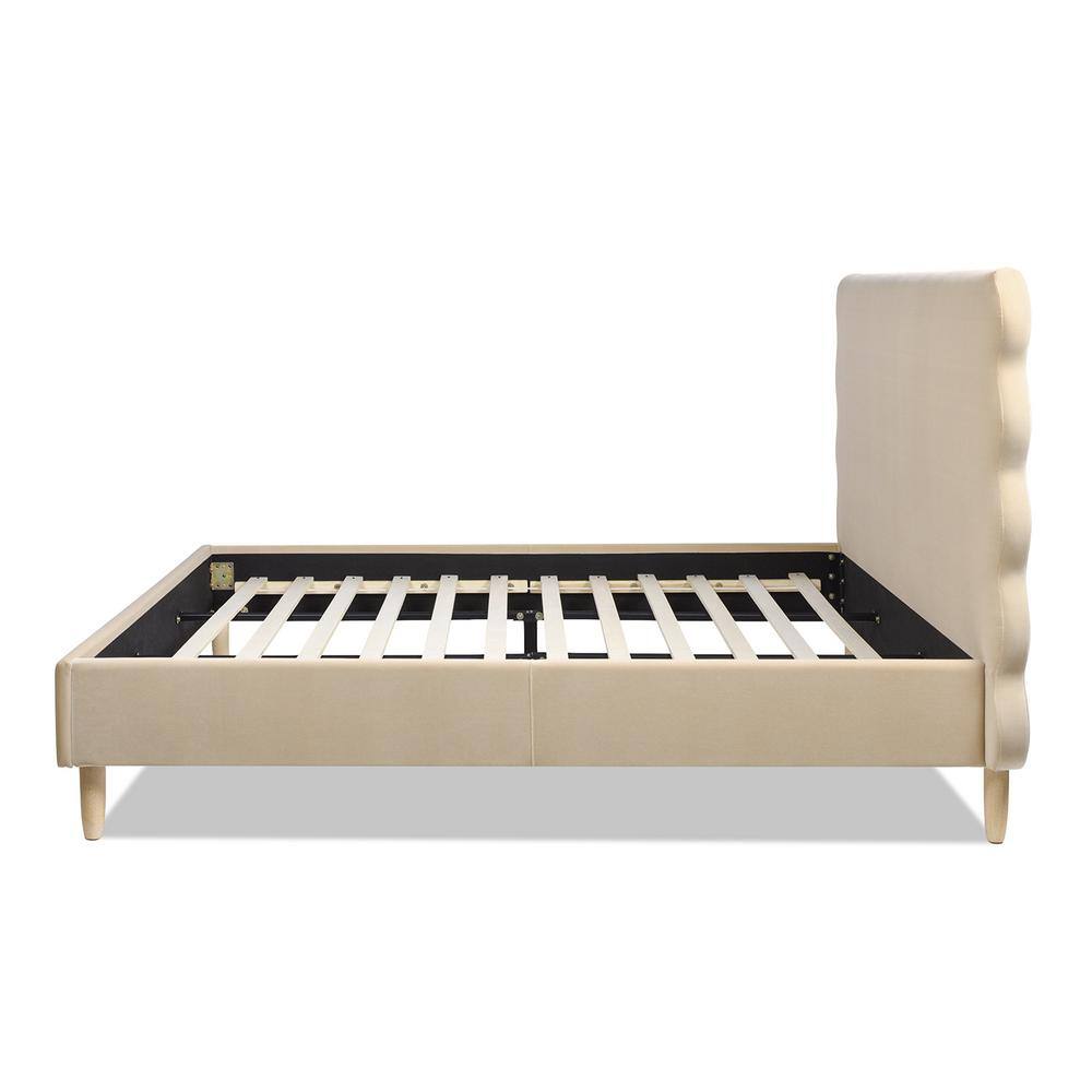 King Fawn Brown Velvet Upholstered Platform Bed with Wavy Headboard