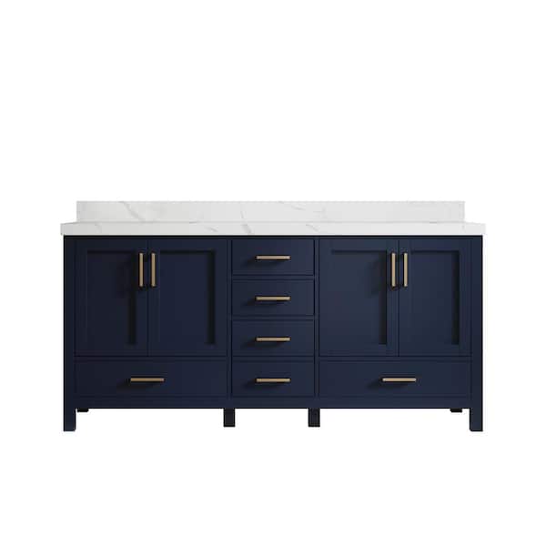 Willow Collections Malibu 72 in. W x 22 in. D x 36 in. H Double Sink Bath Vanity in Navy Blue with 2 in. Calacatta Quartz Top