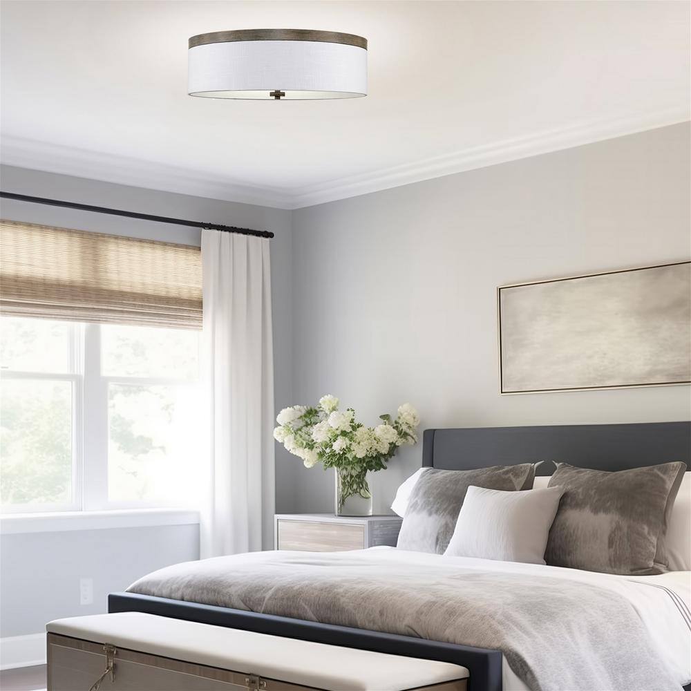 Walker 20" Gray Oak Wood Style 3-Light Flush Mount with White Linen Shade