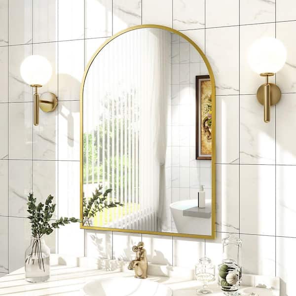 XRAMFY 26 in. W x 37.8 in. H Arched Gold Modern Aluminum Alloy Framed Wall Mirror