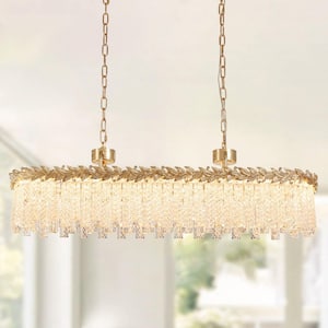 39 in. Modern 2-Light Integrated LED Champagne Gold K9 Crystal Chandelier Rectangular Dimmable Hanging Light for Dining