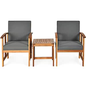 Brown 3-Piece Wood Patio Conversation Set with Gray Cushions