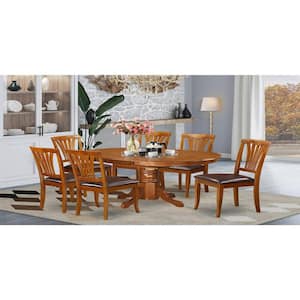 7-Piece Oval Saddle Brown Finish Solid Wood Top Dining Table with 6-Chairs with Lattice Back