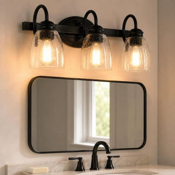 18.89 in. 3-Light Matte Black Modern Bathroom Vanity Light Mirror Wall Light with Black Accents and Seeded Glass Shade