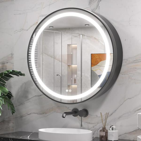 28 in. W x 28 in. H Round Metal Framed Surface Mount LED Light Medicine Cabinet with Mirror in Black Anti-Fog Dimmable