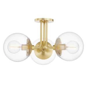 Meadow 10.5 in. 3-Light Aged Brass Semi Flush with Clear Glass Shade