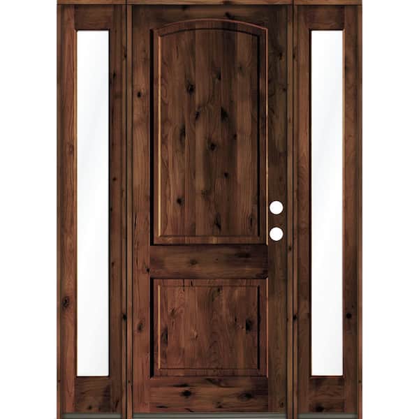 Krosswood Doors 64 in. x 96 in. Rustic Knotty Alder Arch Top RM Stained Wood with V-Groove Left Hand Single Prehung Front Door