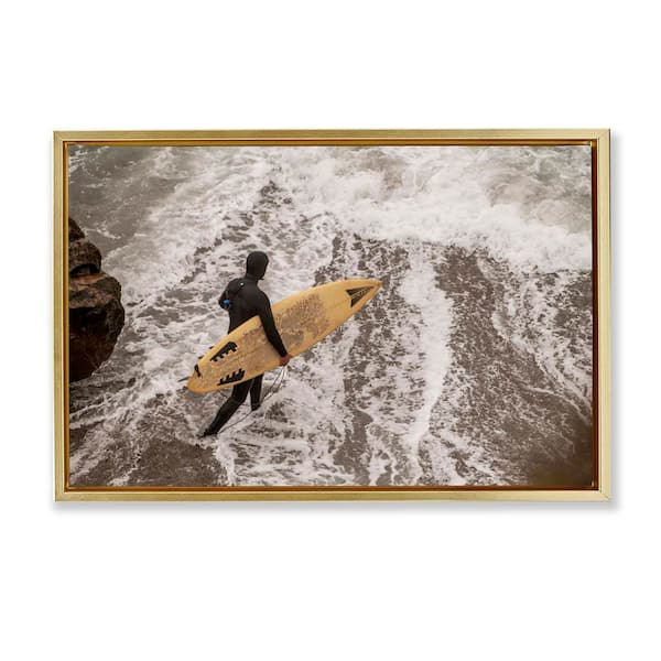 Stupell Industries Surfer Strolling Shore by Crystal Lynn Collins Gold Floater Frame People Graphic Art Print 17 in. x 25 in.