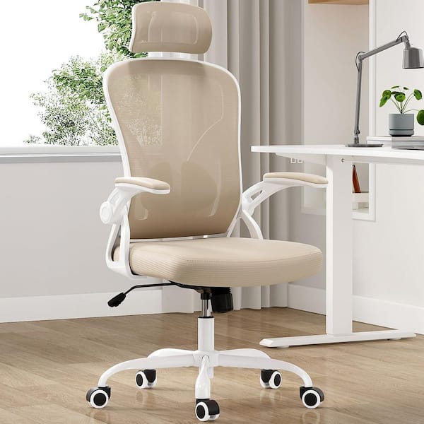Mesh Swivel Adjustable Height Ergonomic Task Chair in Khaki with Adjustable Headrest for Home or Office