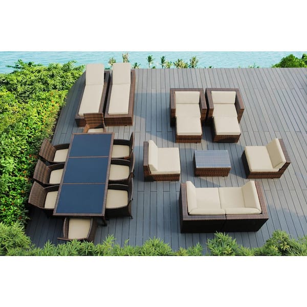 Ohana Depot Mixed Brown 20-Piece Wicker Patio Combo Conversation Set with Supercrylic Beige Cushions