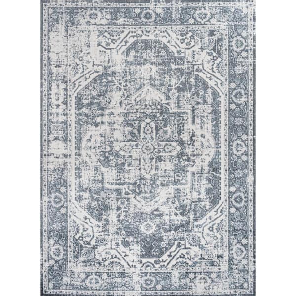 Keesha Bold Distressed Medallion Low-Pile Machine-Washable Cream/Blue 8 ft. x 10 ft. Area Rug