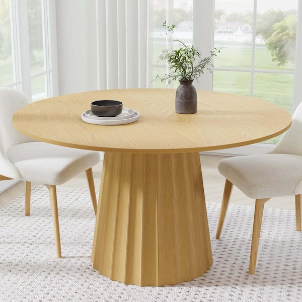 Dovelina 52 in. Solid Wood Natural Oak Pedestal Dining Table Round Kitchen Table Seats 4