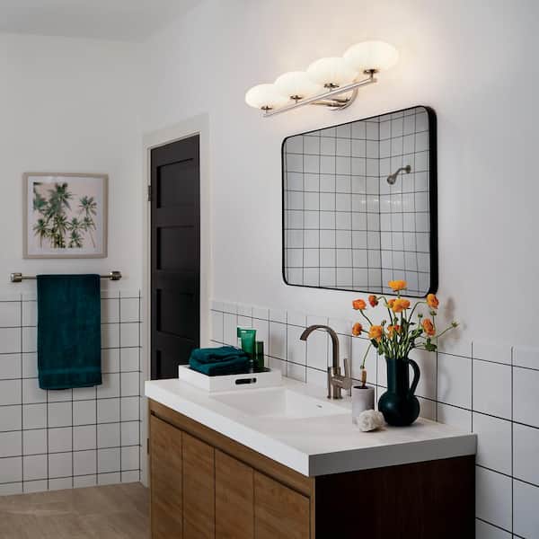 Pim 34 in. 4-Light Polished Nickel Halogen Contemporary Bathroom Vanity Light with Etched Glass Shade