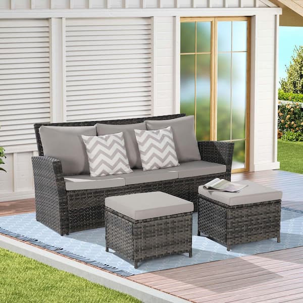 Zeus & Ruta 3-Piece Gray Patio Wicker Patio Conversation Set with Gray Cushions and Two Ottoman for Porch Backyard