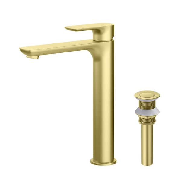 Single Handle Lever Handle Single Hole Bathroom Sink Faucet with Supply Lines and Pop-Up Drain in Brushed Gold