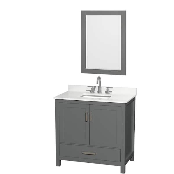 Wyndham Collection Sheffield 36 in. W x 22 in. D x 35 in. H Single Bath Vanity in Dark Gray with White Quartz Top and 24 in. Mirror