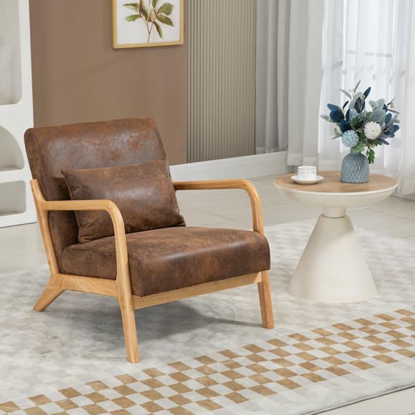 25.6 in. W Brown Mid Century Occasional Chair Wood Frame Cotton Linen Upholstered Reading Armchair with Waist Cushion
