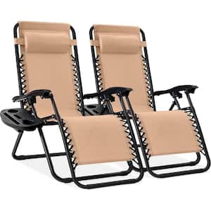 Beige Adjustable Steel Mesh Zero Gravity Lounge Chair Recliners with Pillows and Cup Holder Trays
