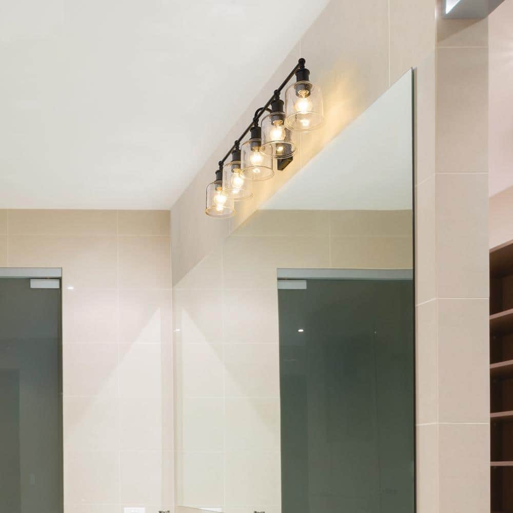 Matte Black Steel 5-Light Vanity with Clear Glass Shades