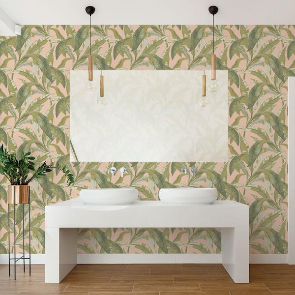 Green and Pink Banana Leaf Vinyl Peel and Stick Wallpaper Roll (Covers 28 sq. ft.)