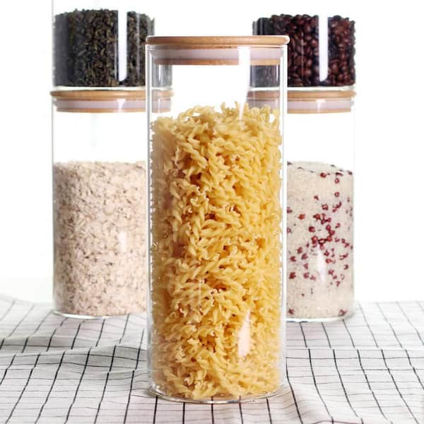 Pack of 5 Clear Glass Food Storage Jars Containers with Airtight Bamboo Lid for Candy, Cookie, Rice