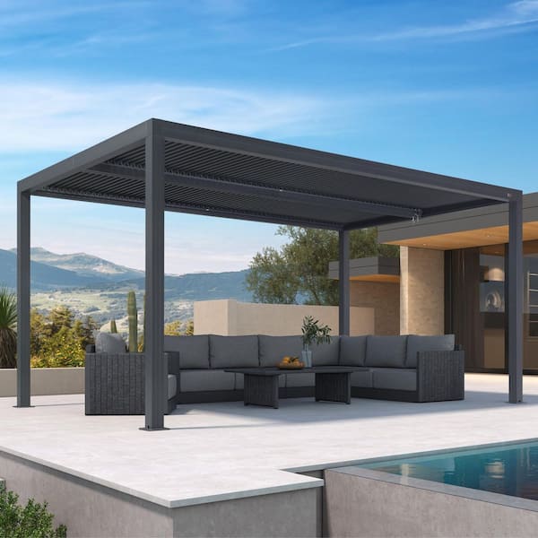 10 ft. x 16 ft. Gray Aluminum Frame Outdoor Hardtop Louvered Pergola with Adjustable Sunshade Roofs and In-Built Gutter